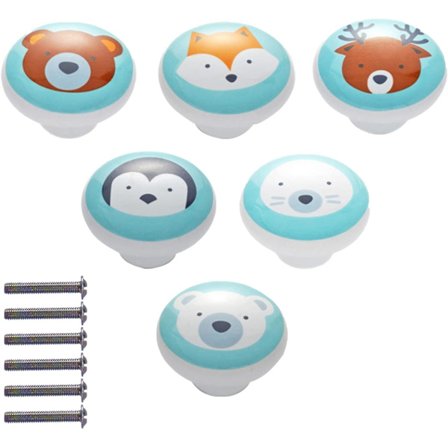 6 stk. Keramiske skapknotter for barn, tegneserie dyremønster, ZQKLA