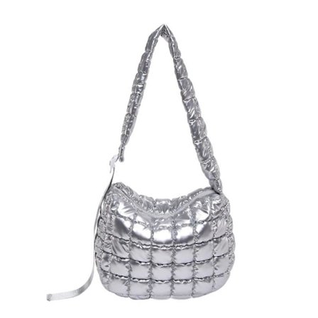 Vattert Skulderveske for Kvinner Lett Puffer Håndveske Polstret Crossbody Veske Rynket Skyveske for Reise Shopping Arbeid Sølv