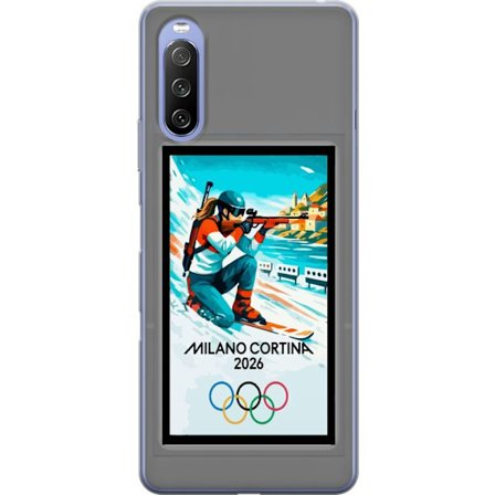 Yhteensopiva Puhelinkuori Sony Xperia 10 III Retrojuliste Cortina Milano 2026 vuorilla, talviurheilijoilla, italiankoloreilla, Milanon tuomiokirkolla