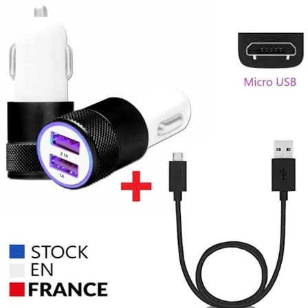 Pack Laddare Bil + Micro USB-Kabel - PH26 - Huawei Enjoy 20e - Ultra-kraftfull 2X - 2 USB-portar - Svart