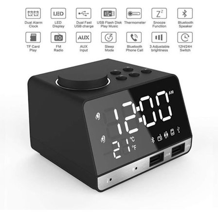Digitalt vækkeur, Bluetooth-højttaler, dobbelt alarm, 2 USB-porte, AUX, TF-kort, U-disk, rumtermometerdisplay