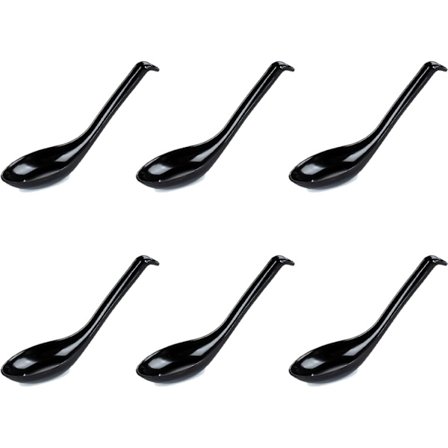 6 stk. asiatiske suppeskjeer, melaminskje, risskje med langt håndtak, egnet for pasta, nøtter og suppedrikk (svart)