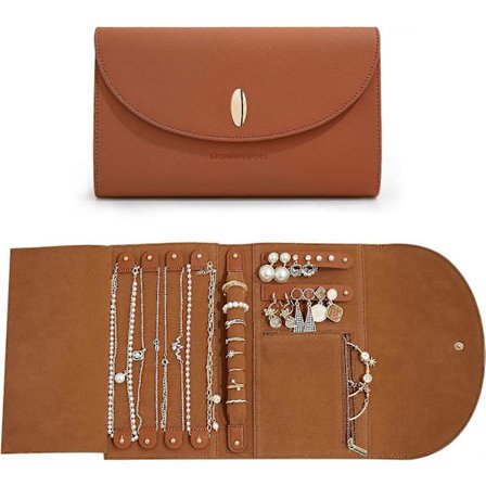 Rejse Smykke Organizer Etui Læder Smykker Rulle Rejse Opbevaringspose til Øreringe, Ringe, Halskæder, Armbånd (Brun)