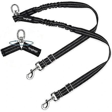 Dobbeltkobbel, justerbar og 360 roterbar, hundesnor til 2 hunde, reflekterende elastisk snor, til små, mellemstore og store hunde Hy