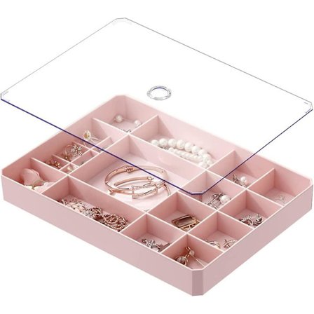 Stapelbar smyckesorganisatör, smyckesorganisatör med transparent lock, enkel smyckeskrin för låda, byrå - rymmer halsband, armband, armband, ring