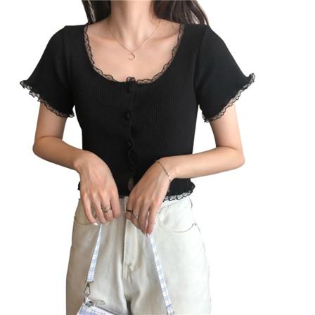 Crop Top Kvinnor Spets U-hals Tunn Coat Stickad Knapp Kort Ärm