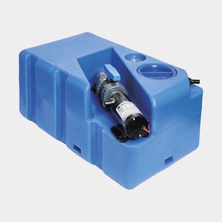 Septitank / gråvattentank, 60 liter, med maceratorpump (12 V) & Inspektionslucka, 650 x 390 x 300 mm, MDPE (polyeten), blå
