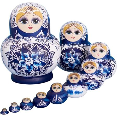 Russiske Matryoshka Dukker 10 Stykker Håndlavede Gaver Legetøj (Blå)