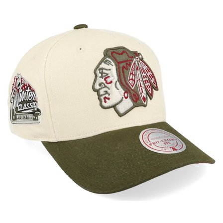 Mitchell & Ness - NHL Weiss adjustable Cap - Hatstore Exclusive x Chicago Blackhawks Pro Crown White/Green A-frame Adjustable @ Hatstore