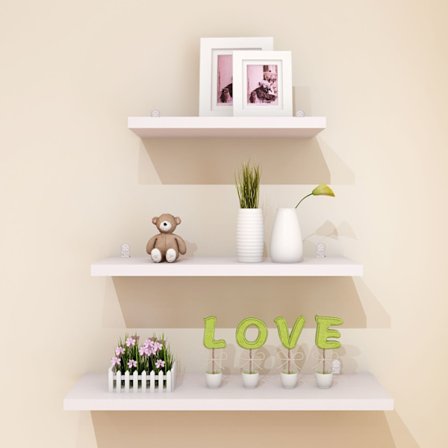 Set om 3, vägghylla i trä(20+30+40cm,vit), rustik metall