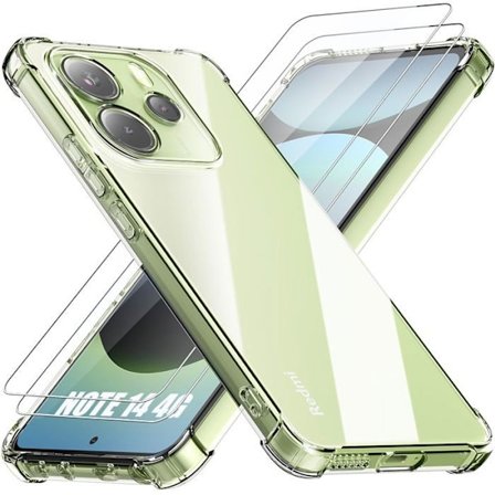 Cover til Xiaomi Redmi Note 14 4G (ikke til 5G) TPU Transparent Beskyttelse + 2 Tempered Glass Skærmbeskyttelse