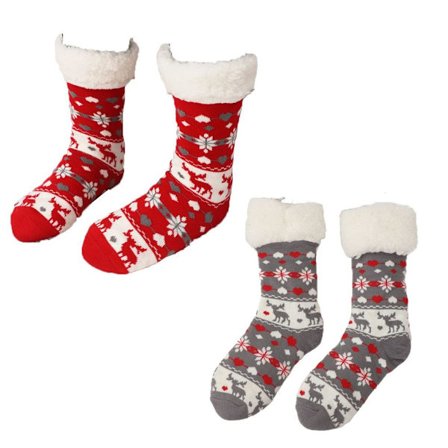 Tøffelsokker, 2 par sklisikre gulvsokker med langt rør, hjort KLB