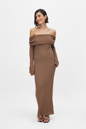 NA-KD Knitted Offshoulder Midi Dress - Skulderløse kjoler - Brun - XL (EU 46)