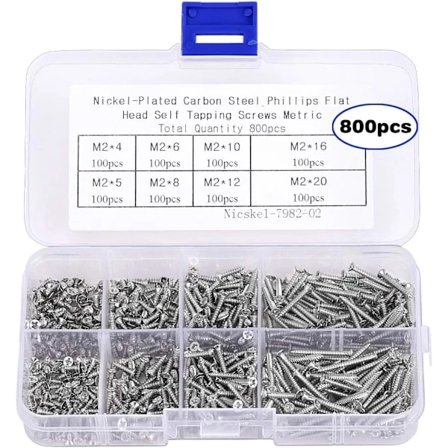 800 stk Små M2 Selvskærende Skruer Sortimentsæske, Forsænkede Phillips Fladt Hoved Træskruer (M2-4mm 5mm 6mm 8mm 10mm 12mm 16mm 20mm)