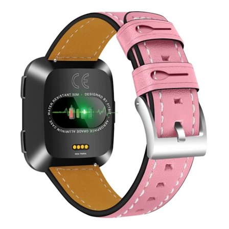 Fitbit Versa klockarmband äkta läder koskinn rostfri stål – Rosa