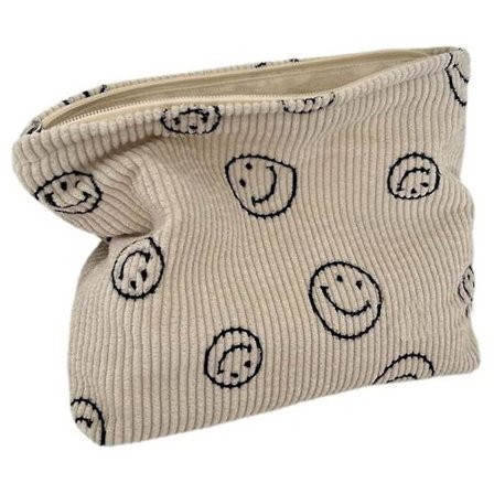 Prickig kosmetisk väska, retro smiley förvaring necessär koppling beige smiley