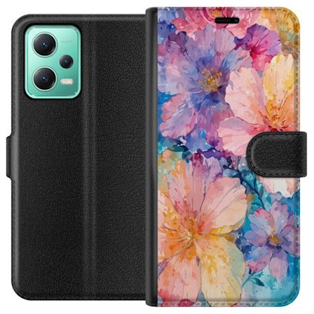 Kompatibel Tegnebogsetui til Xiaomi Xiaomi Redmi Note 12 Vandfarve maleri med store blomster i lyserød, blå og gul toner i en blød kunstnerisk stil