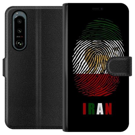 Kompatibel Tegnebogsetui til Sony Xperia 5 III Fingeraftryksformat som Irans flag med løvemotiv på sort dramatisk baggrund