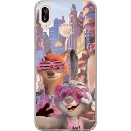 Kompatibelt Mobildeksel til Huawei Huawei P20 lite Animerede dyr i et solfylt bymiljø med rosa solbriller og en positiv melding i en fargerik feel-go