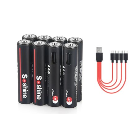 Soshine Aaa 1.5V 1100mWh litiumparistot USB Li-ion AAA ladattava akku 4-in-1 USB-kaapelilla taskulamppukameraleluille