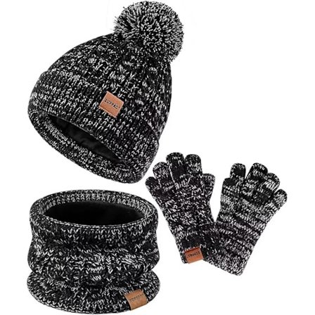 Vintermössa, Vantar och Halsduk Set för Barn, Flickor Barnmössor Beanie med Pom Pom Stickad Halsvärmare Gaiter Vantar Fleecefodrad Set