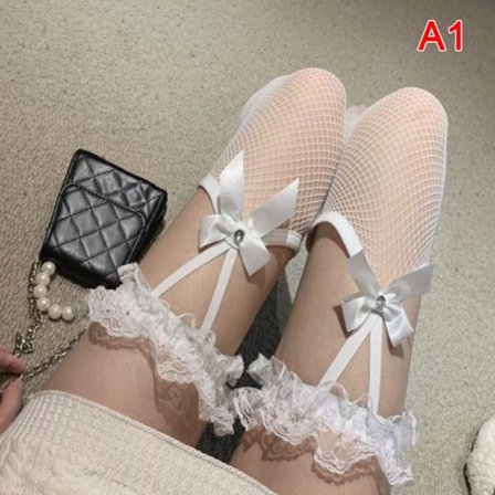 IC Sexet netstrømper med rosetter, lårhøje, over knæet, sort, ny, hvid