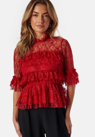 Bubbleroom - Frill Lace Blouse - Red - Kläder