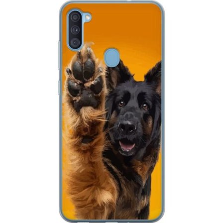 Kompatibelt Mobilskal till Samsung Samsung Galaxy A11 Glad hund vinkar med tassen charmigt djurporträtt på gul bakgrund perfekt för hundälskare