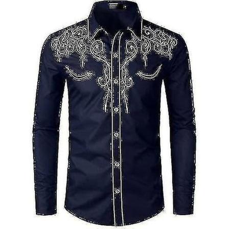 Herre Western Cowboy Skjorte Brodert Langærmet Casual Slim Fit Knappet Skjorte navy blue 2XL