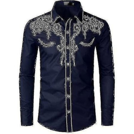 Herre Western Cowboy Skjorte Brodert Langærmet Casual Slim Fit Knappet Skjorte