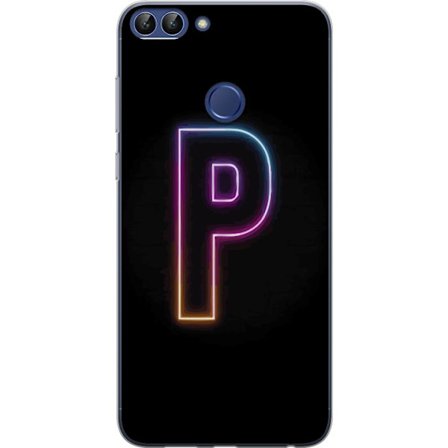 Yhteensopiva Puhelinkuori Huawei Huawei P smart Minimaalinen neonkirjain P värin asteittaisella muutoksella ja valotehosteella mustaa taustaa vasten