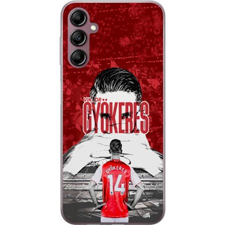 Yhteensopiva Puhelinkuori Samsung Galaxy A14 5G Punainen dramaattinen kollaasikuva, jossa esiintyy Viktor Gyökeresin muotokuva ja pelaajia takaapäin a