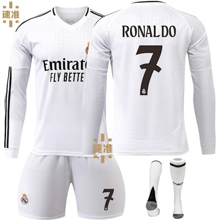 Hot 2025 Real Madrid Hjemme Barn Langermet Fotballdrakt Sett Nr. 7 Ronaldo 2024-2025