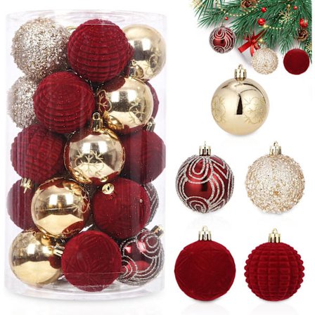 Sæt med 25 røde 6 cm julekugler i plastik - brudsikre fløjlsornamenter til juletræspynt