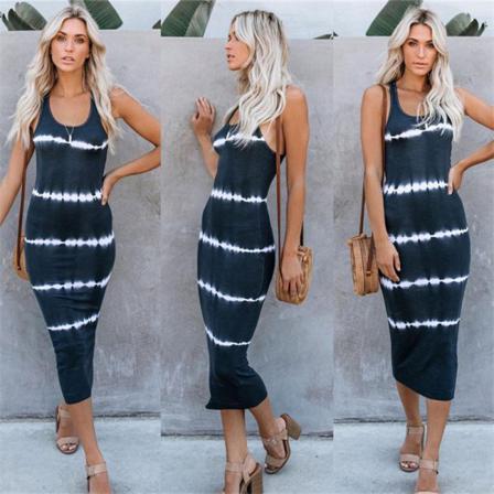 Sommar Ärmlös Tank Midiklänning Kvinnor O-ringad Tie-dye Print Sl