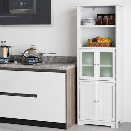 COSTWAY Badeværelsessøjle med 4 døre 2 åbne rum, badeværelsesskab, justerbare hylder, 60x30x163 cm, hvid