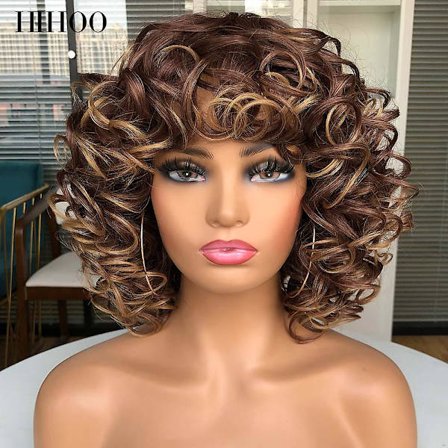 Kort Afro Krøllet Paryk Med Pandehår Til Sorte Kvinder Cosplay Fluffy Limløs Blandet Brun Blonde Parykker Naturlig Høj Temperat Rød(14 Tommer,33-27)