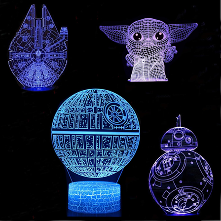 4-pak 3D Natlys 3D LED Star Wars Lampe Illusion Lampe 7 Farver Skift Dekor Lampe med Fjernbetjening til Børn, Gaver til Børn (Yoda)
