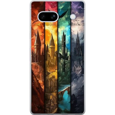 Kompatibel Mobilcover til Google Google Pixel 7a Fire magiske slotte i forskellige elementfarver, episk fantasykunst med ild vand luft og mørke i det