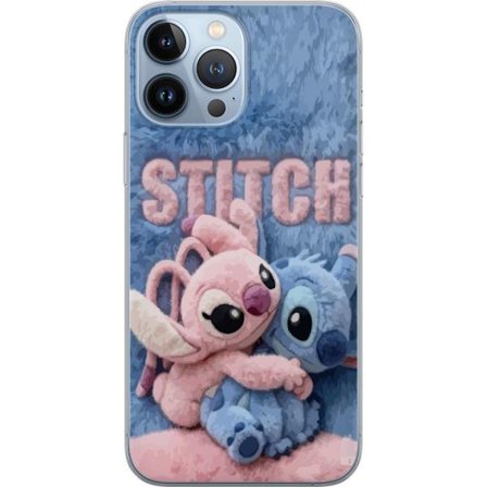 Kompatibelt Mobilskal till Apple Apple iPhone 13 Pro Max Söta fluffiga Stitch och Angel kramas på ett mjukt pälsigt underlag med pastellfärger som