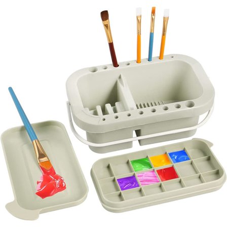 Multifunktionel penselrensespand i plast med låg, palet og 16 huller til pensler