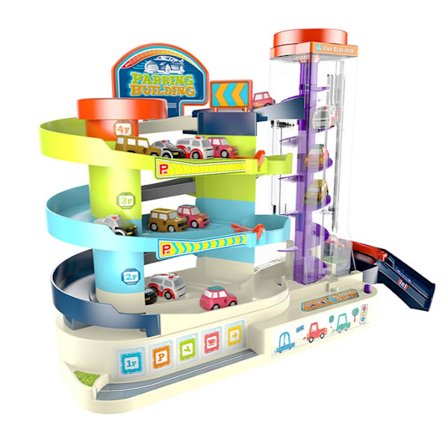 Lekset för barn med parkeringstorn med elektriskt fordonshissystem