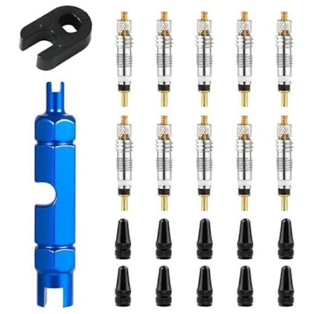 10 stk. ventilkjerne for Presta, ventilkjerne sykkel erstatning med 2 ventilkjernefjerningsverktøy og 10 ventilspindelkjernelokk