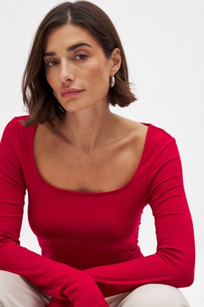 NA-KD Soft Line Scoop Neck Long Sleeve Top - Bastoppar - Röd - XS (EU 32)