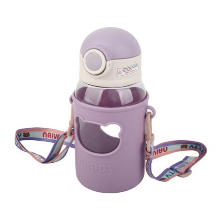 Barnvattenflaska med sugrör, tecknad film, söt, oberoende sugrör för hem, skola, lila