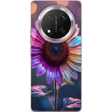 Kompatibelt Mobildeksel til Honor Magic7 Lite Irideserende blomst med glitrende kronblad i rosa lilla og gull mot myk bokeh bakgrunn