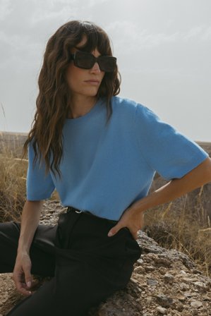 Premium Selection - Strikket topp i ull med korte ermer - Premium kvalitet - Blå - S