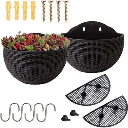 2 stk. vægkrukker, halvcirkelformede rottingkrukker med vandtank til automatisk vanding, 26*20,5cm/NC/