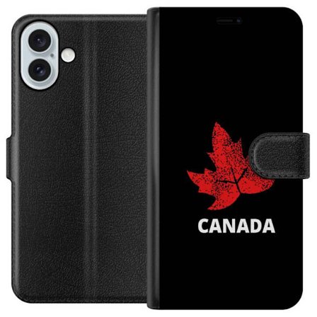 Kompatibelt Plånboksfodral till Apple Apple iPhone 16 Plus Grafisk lönnlövssymbol i rött mot svart bakgrund med tydlig Kanadareferens och minimali