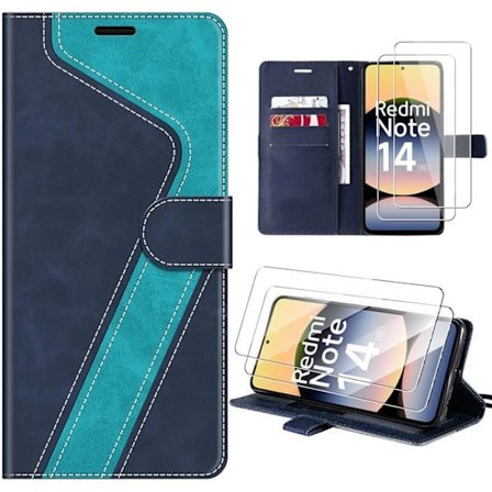 Cover til Xiaomi Redmi Note 14 5G, Stødabsorberende, Ridsefast, PU Læder Blå - 2 Tempered Glass